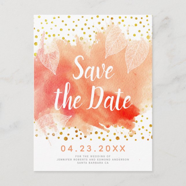 Cartão Postal De Anúncio Coral aquarela e deixa casamento Salvar data (Frente)