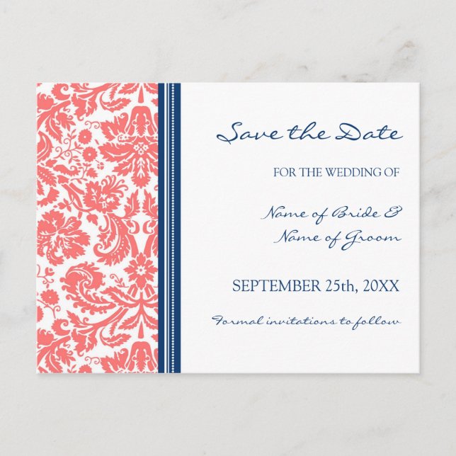 Cartão Postal De Anúncio Coral Blue Damask Save the Date Wedcard (Frente)