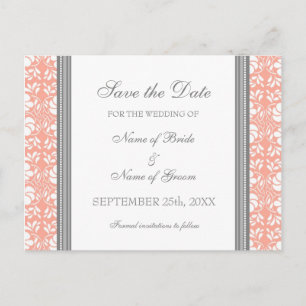 Cartão Postal De Anúncio Coral Damask Save the Date Wedding Postcards