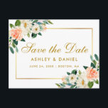 Cartão Postal De Anúncio Coral de Aquarela Floral Dourado Salvar a Data<br><div class="desc">Coral Floral De Cor De Água Dourada Salve O Cartão-Postal Do Noivado De Data - Texto Dourado</div>