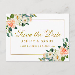 Cartão Postal De Anúncio Coral de Aquarela Floral Dourado Salvar a Data