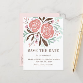 Cartão Postal De Anúncio Coral Watercolor Rustic Rosa Floral Salvar Data