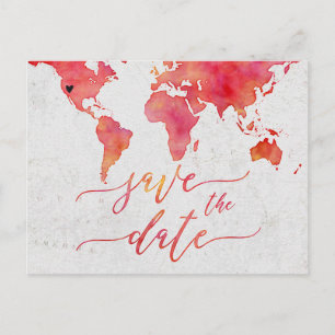 Cartão Postal De Anúncio Coral Watercolor World Map Casamento Salve os Dado