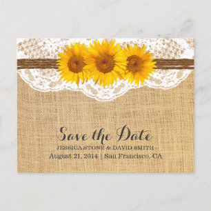 Cartão Postal De Anúncio Cordel & Sunflower Renda Burlap Save the Date