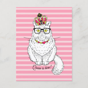 Cartão Postal De Anúncio Coroa de Gato Rainha Geométrica Rosa Branca