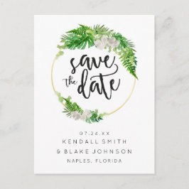 Cartão Postal De Anúncio Coroa de Palma Tropical e Folhagem Save the Date