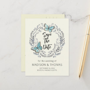 Cartão Postal De Anúncio Coroa de Verdura Borboleta Casamento Save The Date