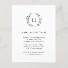 Cartão Postal De Anúncio Coroa de Verdura Elegante Monograma Casamento Fuga