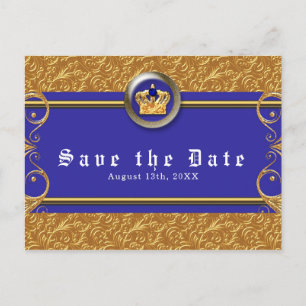 Cartão Postal De Anúncio Coroa Dourada e Azul Real Elegante Glam Save the D