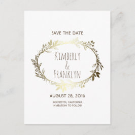 Cartão Postal De Anúncio Coroa Floral Branca e Dourada Save the Date