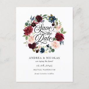 Cartão Postal De Anúncio Coroa Floral Burgundy e Azul Save the Date