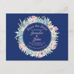 Cartão Postal De Anúncio Coroa Floral Elegante Azul Salve a Data de Casamen