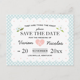 Cartão Postal De Anúncio Country Floral Gingham Pink Blue Salvar Data