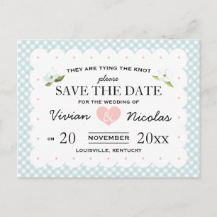 Cartão Postal De Anúncio Country Floral Gingham Pink Blue Salvar Data