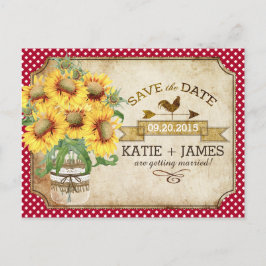 Cartão Postal De Anúncio Country Picnic Sunflower Gingham Salvar a Data