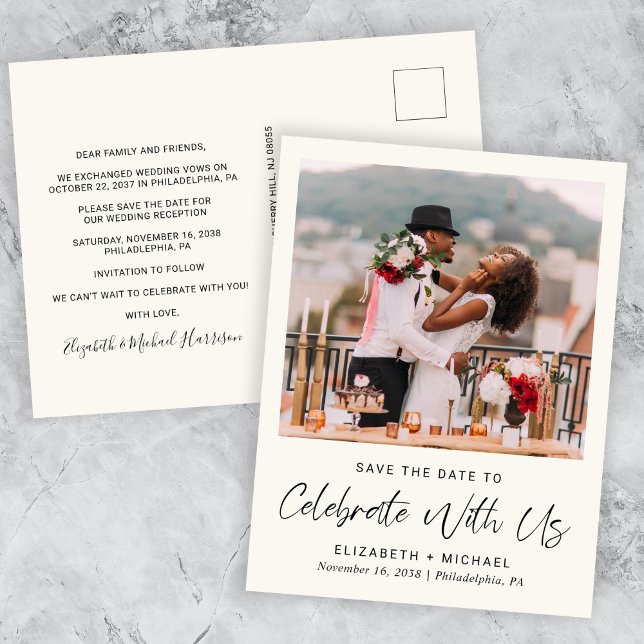Cartão Postal De Anúncio Creme de Recepção de casamento de Fotografia Chic  (Criador carregado)