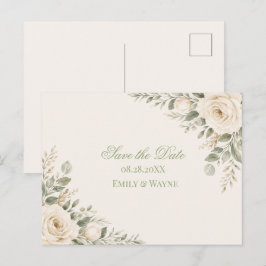 Cartão Postal De Anúncio Creme e Verde Salvia Folhagens Save The Date
