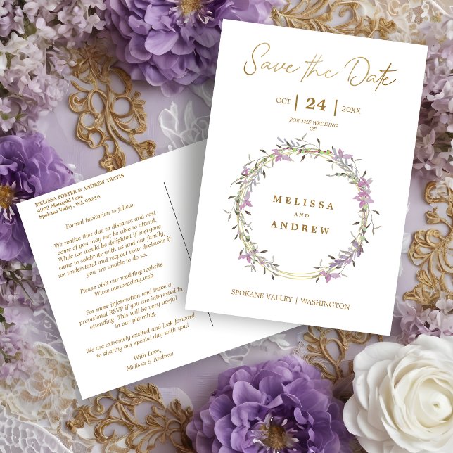 Cartão Postal De Anúncio Custom Lilac Elegant Garland Wreath Wedding (Custom Lilac Elegant Garland Wreath Wedding Save the Date Postcard.)
