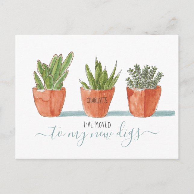 Cartão Postal De Anúncio Cute Boho Aquarela Cactus Suculentas Mudei (Frente)