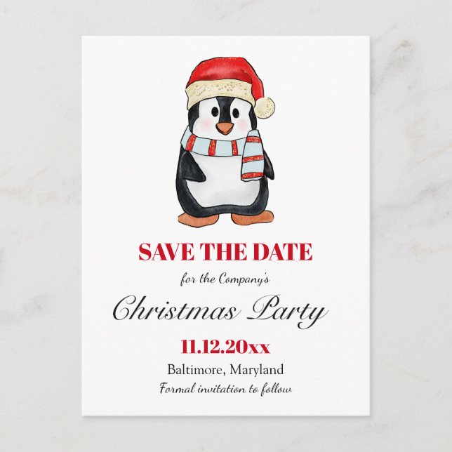 Cartão Postal De Anúncio Cute Penguin | Christmas Party Save The Date  (Frente)
