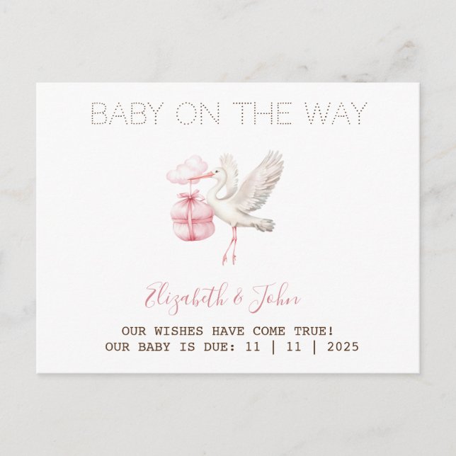 Cartão Postal De Anúncio Cute Stork Pink Present (Frente)