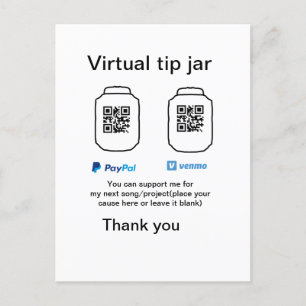 Cartão Postal De Anúncio Dádiva virtual jar q r código doação de moeda PayP
