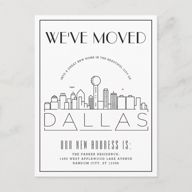 Cartão Postal De Anúncio Dallas Skyline Modern Deco | Mudança de Endereço (Frente)