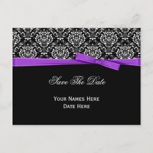 Cartão Postal De Anúncio Damasco Preto Branco Fita com Laço Roxo Save The D