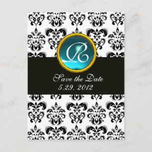 Cartão Postal De Anúncio DAMASCO PRETO E BRANCO Monograma Aquamarine Azul