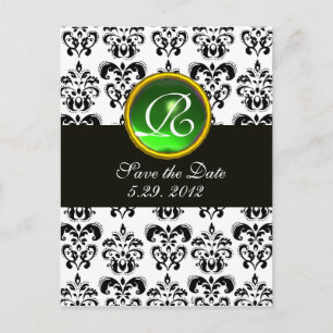 Cartão Postal De Anúncio DAMASCO PRETO E BRANCO MONOGRAMA VERDE ESmeralda