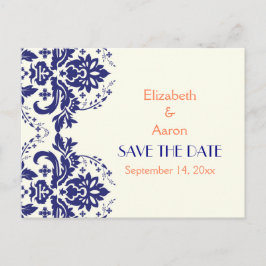 Cartão Postal De Anúncio Damask marinho azul, casamento do coral Salve a da