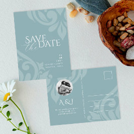 Cartão Postal De Anúncio Damask Pewter Blue Foto Casamento Salve a data