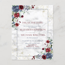 Cartão Postal De Anúncio Data de Casamento Adiada Azul Floral Borgonha
