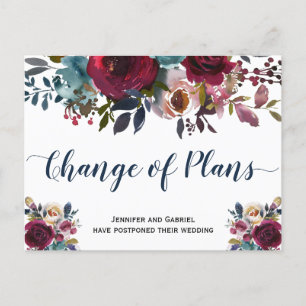 Cartão Postal De Anúncio Data do Casamento Adiada Burgundy Navy Floral