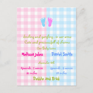 cartão postal de anúncio de bebê - gêmeos