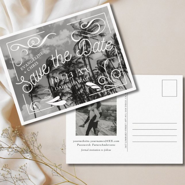 Cartão postal de anúncio de casamento com Palmeira (Modern Palm Tree Save the Date Postcard)