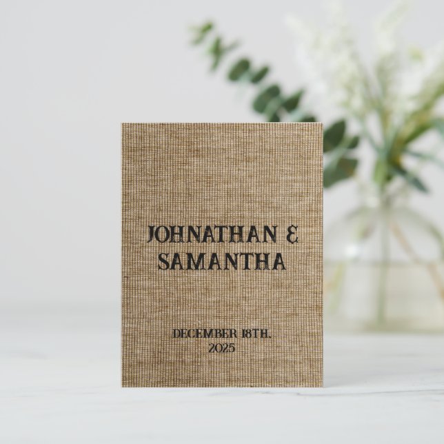 Cartão Postal de Anúncio de Casamento em Lona Rúst (Em pé/Frente)