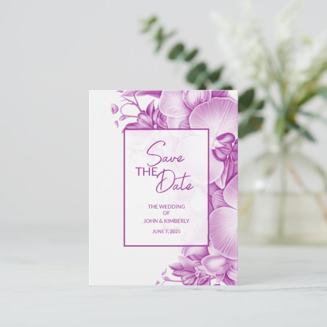 Cartão Postal de Anúncio de Casamento Roxo e Branc (Em pé/Frente)