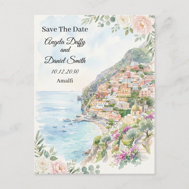 Cartão postal de anúncio de data de casamento azul (Frente)