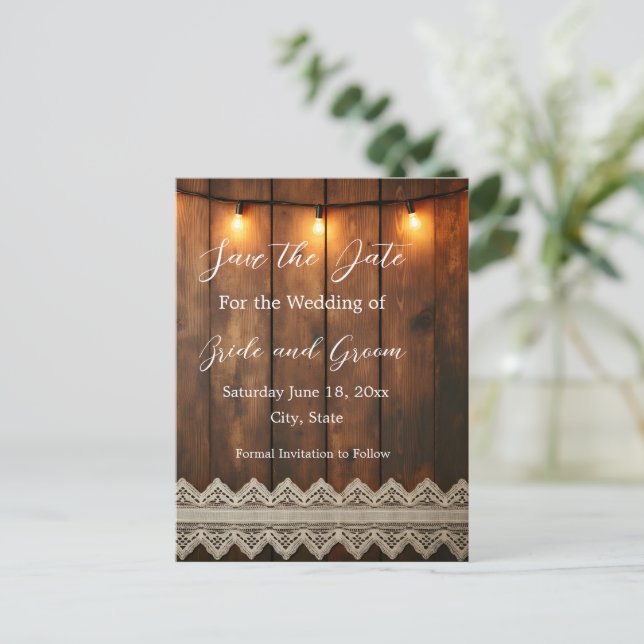 Cartão Postal de Anúncio de Data de Rustic Wood e  (Em pé/Frente)