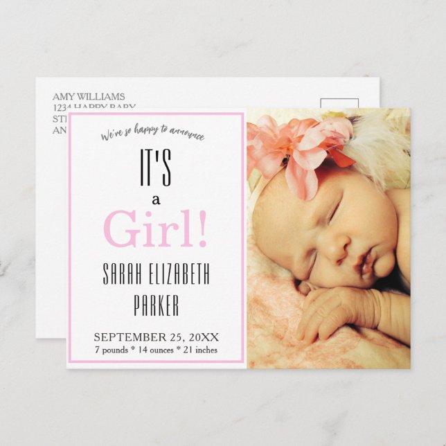 Cartão Postal de Anúncio de Nascimento com Foto de (Frente/Verso)