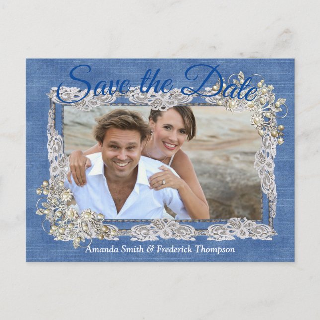 Cartão Postal De Anúncio Denim com rendas da flor de creme (Frente)