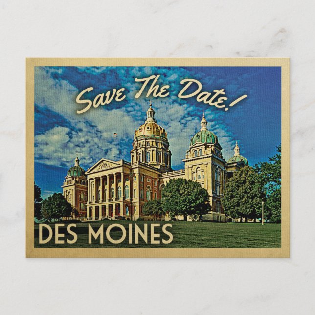 Cartão Postal De Anúncio Des Moines Salve A Data Iowa (Frente)