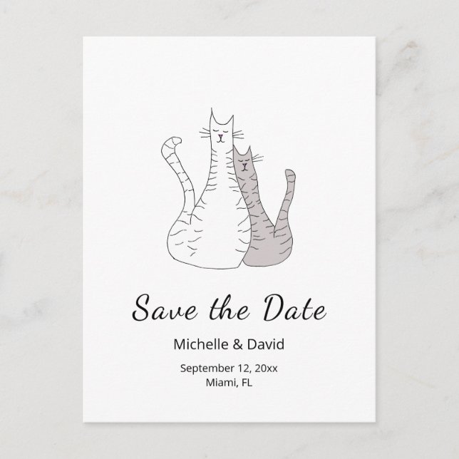 Cartão Postal De Anúncio Desenho Simples de Gatos Fofos para Casamento Save (Frente)