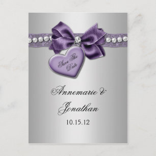 Cartão Postal De Anúncio Diamantes de Fita de Coração Roxo Prateado Salvar 