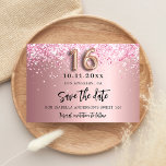Cartão Postal De Anúncio Doce 16 cor-de-rosa rosado para salvar a data<br><div class="desc">Uma garota e moda Salve o cartão de data para uma doce festa de aniversário 16, 16. Fundo de gradiente cor-de-rosa embebido decorado com poeira brilhante faux rosa. Personalize e adicione uma data e um nome/texto. O texto: Salvar a Data é gravado com um script de estilo com letra de...</div>