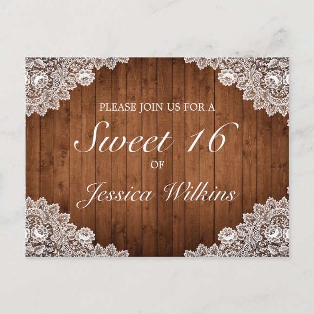 Cartão Postal De Anúncio Doce 16 de Madeira Rústica e Renda Branca (Frente)