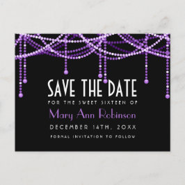 Cartão Postal De Anúncio Doce 16 Save The Date Luzes de Corda Lilás Art Déc