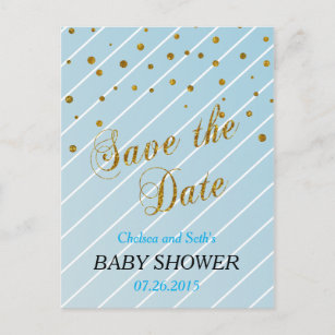 Cartão Postal De Anúncio Doce Bebê Azul e Dourado Confetti - Salve a Data
