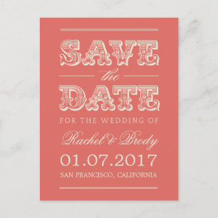 Cartão Postal De Anúncio Doce Casamento vintage Salve A Data - Coral